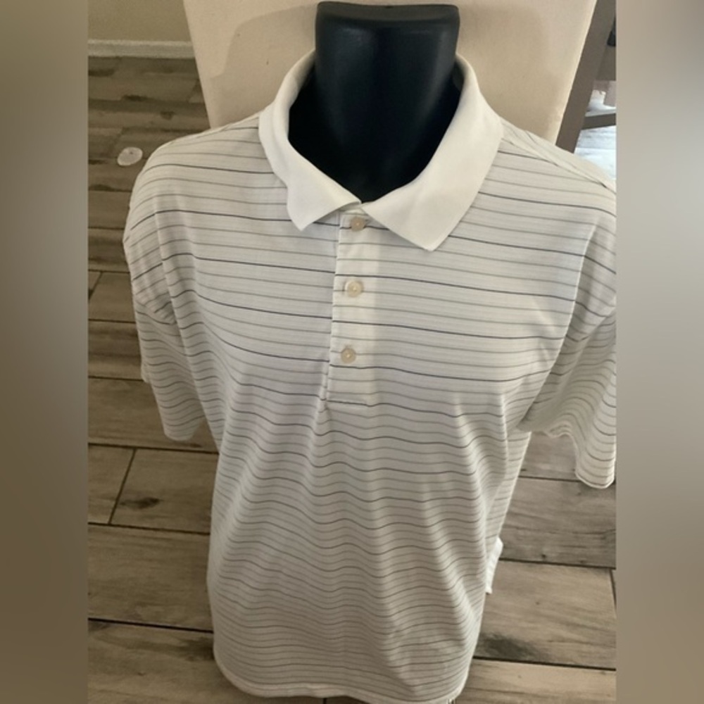 Men’s used PGA tour white striped golf polo shirt size XXL 2XL